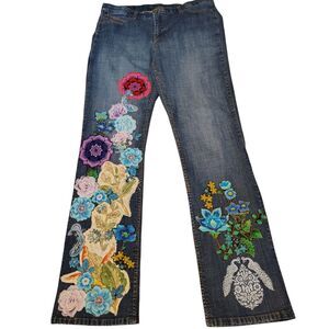 Q-Baby No Gap Waistband Upcycled Stretch Floral Denim Blue Jeans Size 13/14 x 36